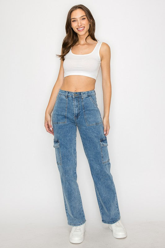 Wide Leg Denim Cargo Jeans