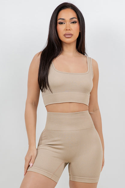 B’agile Workout Sets for Women 2 Piece Seamless Ribbed Crop Tank High Waist Shorts Yoga Outfits