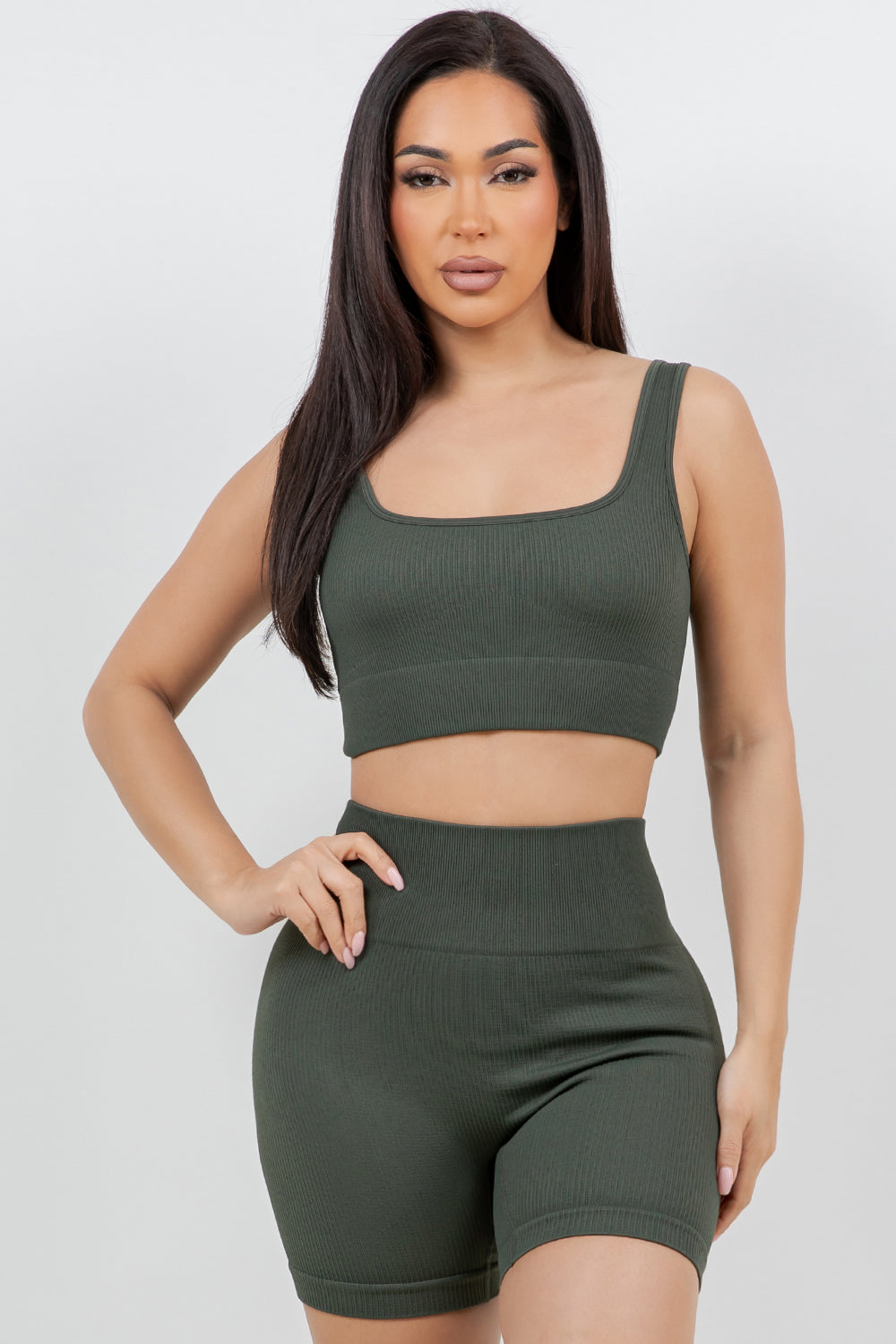 B’agile Workout Sets for Women 2 Piece Seamless Ribbed Crop Tank High Waist Shorts Yoga Outfits