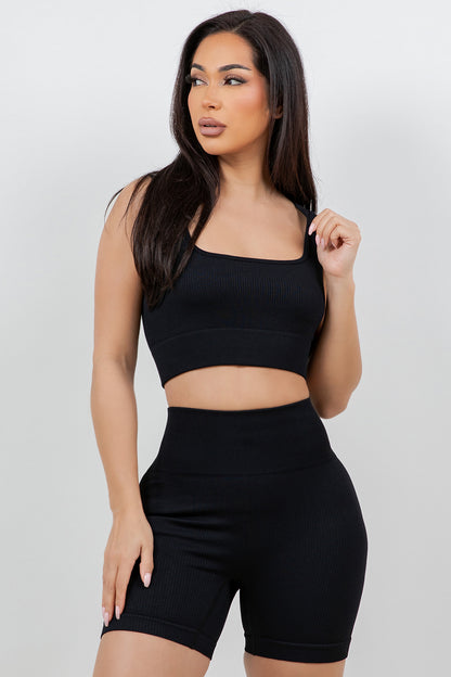 B’agile Workout Sets for Women 2 Piece Seamless Ribbed Crop Tank High Waist Shorts Yoga Outfits
