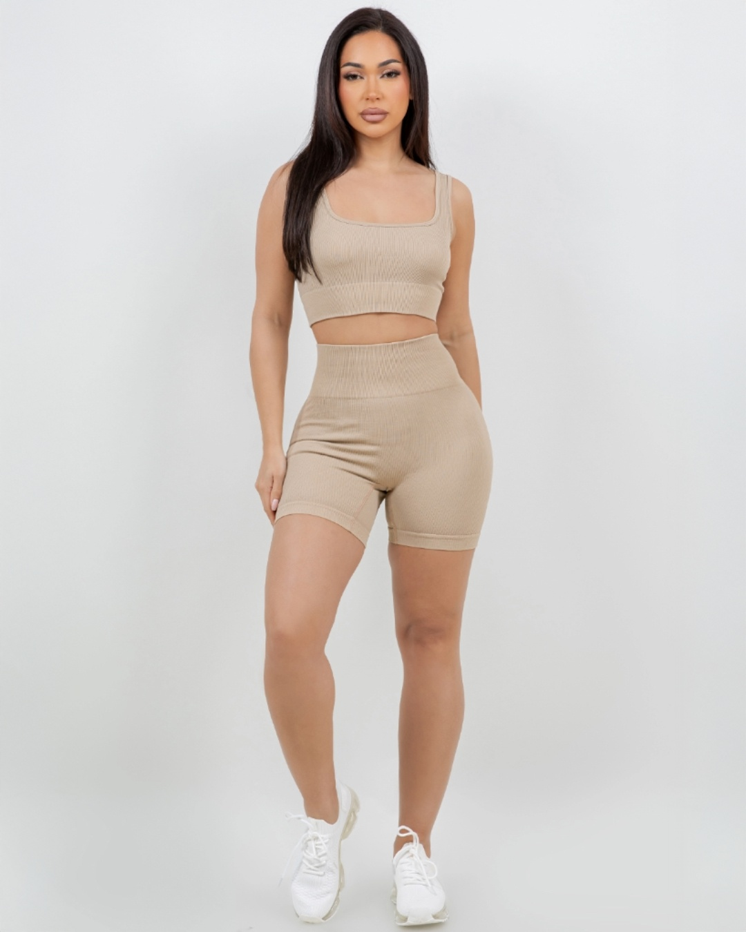 B’agile Workout Sets for Women 2 Piece Seamless Ribbed Crop Tank High Waist Shorts Yoga Outfits