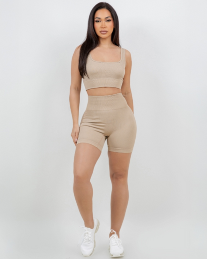 B’agile Workout Sets for Women 2 Piece Seamless Ribbed Crop Tank High Waist Shorts Yoga Outfits